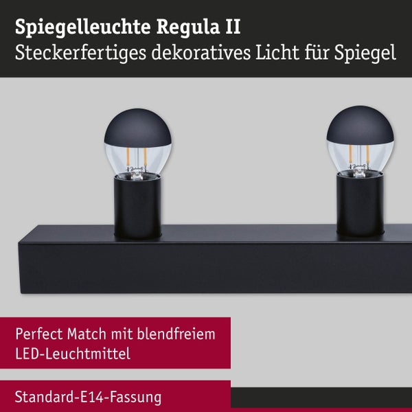 Steckerfertige Spiegelleuchte Regula II mit zwei E14 Fassungen und blendfreien LED Leuchtmitteln.