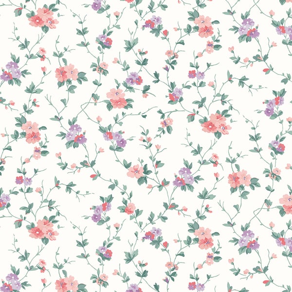 Tapete mit romantischem Blumendekor und feinen Rankenmuster auf hellem Untergrund.