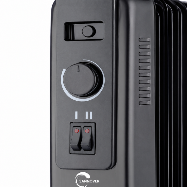 Bedienfeld eines Sannover Ölradiators mit Temperaturregler und zwei Heizstufenschaltern