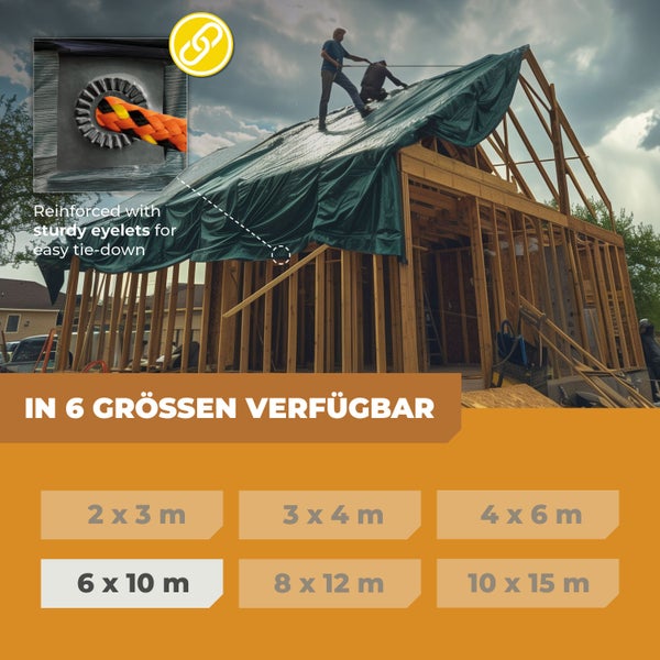 Bauarbeiter decken einen Dachstuhl mit einer grünen Abdeckplane ab. Detailansicht einer verstärkten Öse. In sechs Größen von 2 mal 3 bis 10 mal 15 Meter.