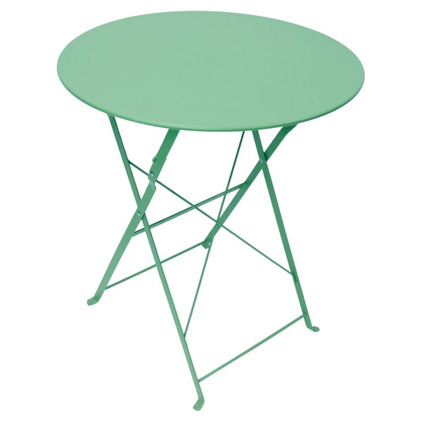 Runder Klapptisch aus Metall in Hellgrün für Balkon und Garten.