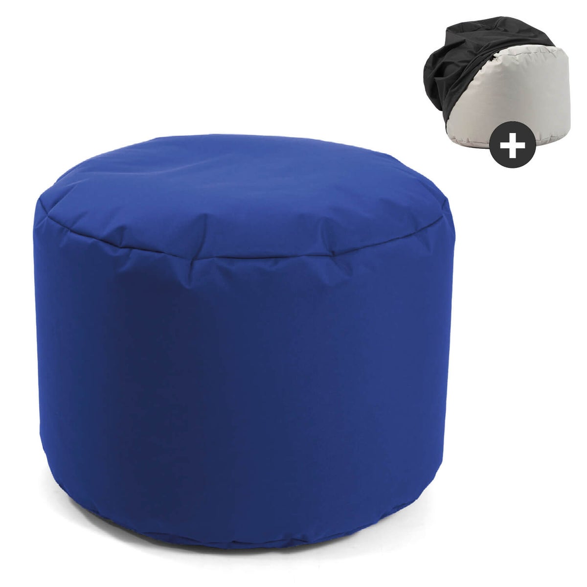 Outdoor Pouf o. Hocker 60x40cm in Blau mit schwarzer Schutzhülle 'Der Ruhepouf', Sitzhocker, Fußhocker o. Sitzkissen rund mit EPS-Perlen Füllung und Cover, wasserabweisender Schutz durch Hülle