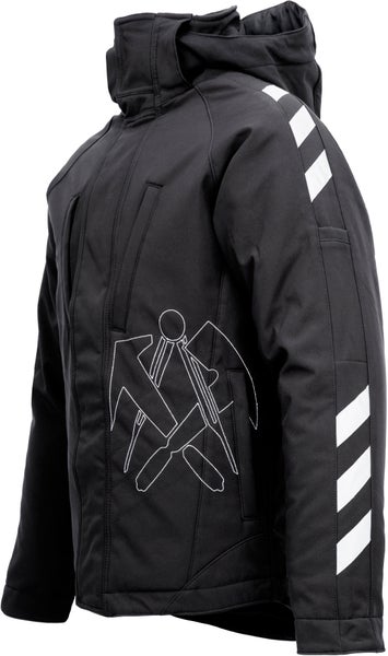 Arbeitsjacke mit Kapuze, Reflexstreifen am Ärmel und Werkzeug-Grafik auf der Vorderseite.