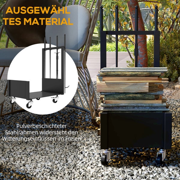 Outsunny Kaminholzregal, mit Rädern, Schaufel, Besen, Schürhaken, Zange, Seitenhaken, für Outdoor, Indoor, 48 x 30 x 76 cm, Metall, Schwarz