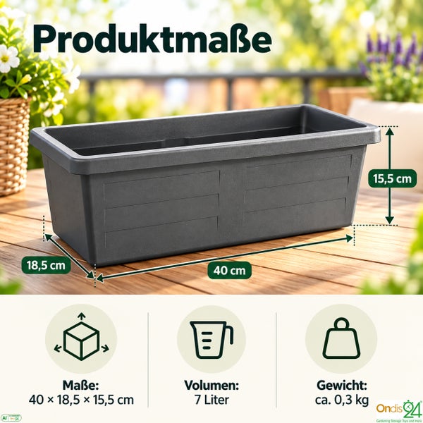 Rechteckiger Pflanzkasten aus Kunststoff mit Maßen 40 mal 18,5 mal 15,5 Zentimeter, Volumen 7 Liter, Gewicht circa 0,3 Kilogramm.