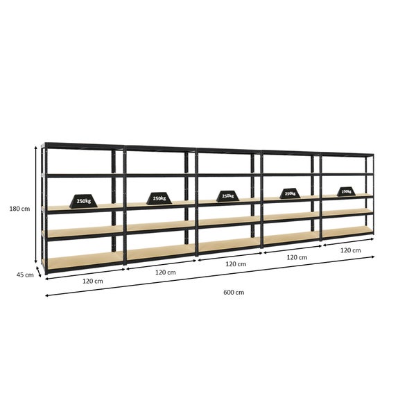 PROREGAL Mega Deal 5x Schwerlastregal Big Elephant S HxBxT 180 x 120 x 45 cm Fachlast 250 kg Schwarz