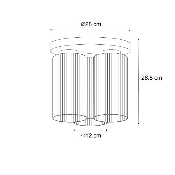 Technische Zeichnung einer Deckenleuchte mit den Maßen 28 cm Durchmesser oben, 12 cm Durchmesser unten und 26,5 cm Höhe.