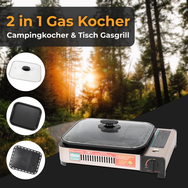 ZMC 2-in-1 Gaskocher und Gasgrill + 24 Gaskartuschen 227g, inkl. Grillplatte, Pfanne, Glasdeckel und Koffer, Campingkocher für innen- und Außenbereich