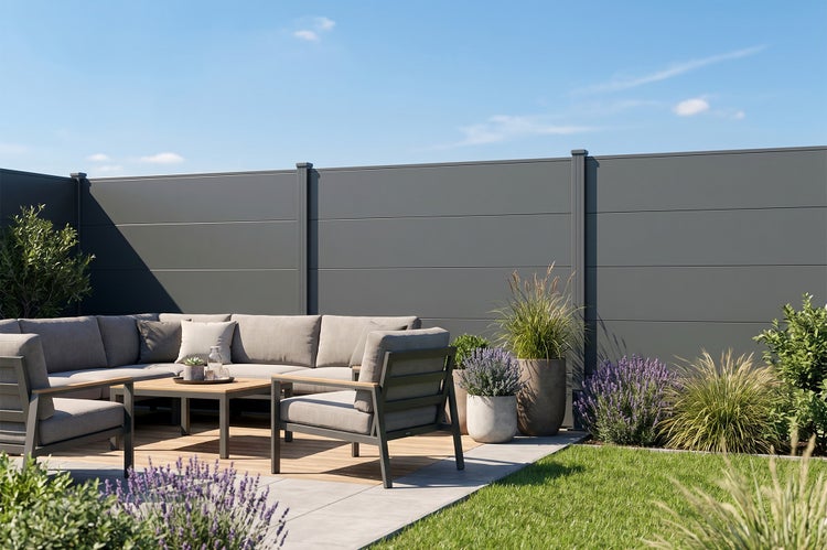 Moderne Sichtschutzwand aus Metall im Garten mit Loungemöbeln und Pflanzen, bietet Privatsphäre auf der Terrasse.