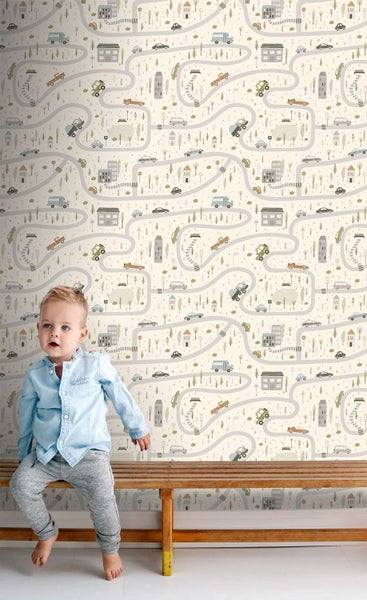 Vlies-Tapete mit Straßensystem Muster und Kinderzimmer Design für Jungen und Mädchen