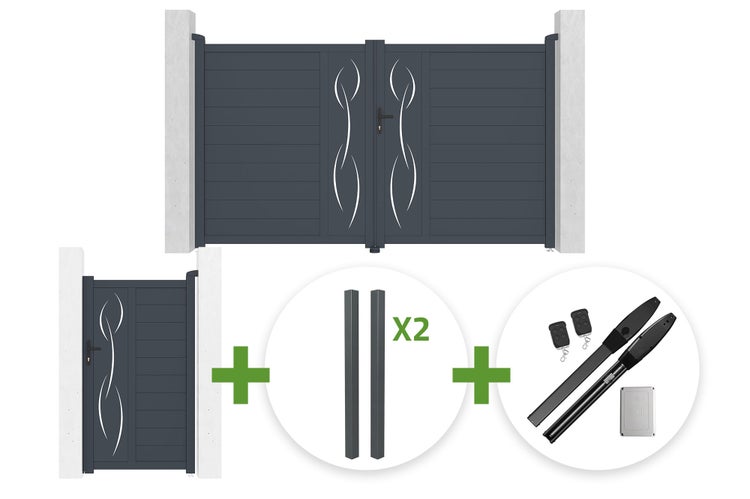 Set bestehend aus zweiflügeligem Einfahrtstor, Pforte, zwei Pfosten und elektrischem Torantrieb mit Fernbedienungen.