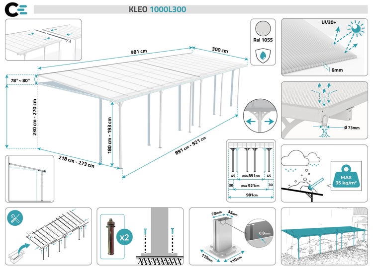 Angebaute Pergola/Carport 30m² KLEO 1000L300 Aluminium Weiß