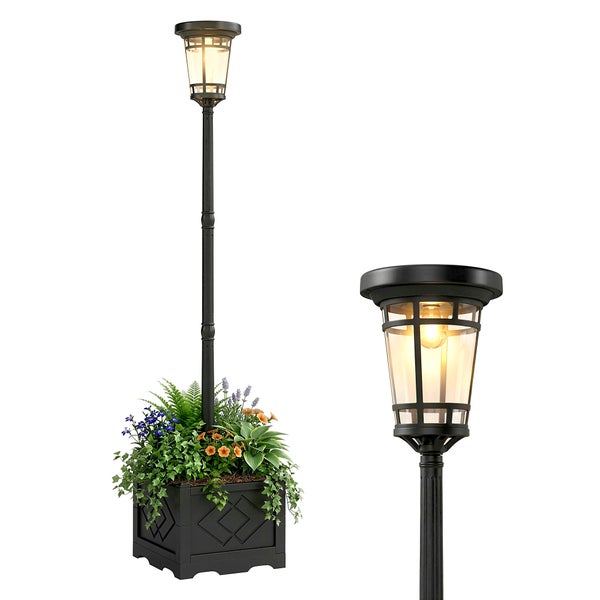 Wetterfeste Solar-Gartenlaterne mit Pflanzkasten, ABS-Gehäuse, Edelstahlmast, IP44-Schutz, staub- und hitzebeständig, im Regen dargestellt.