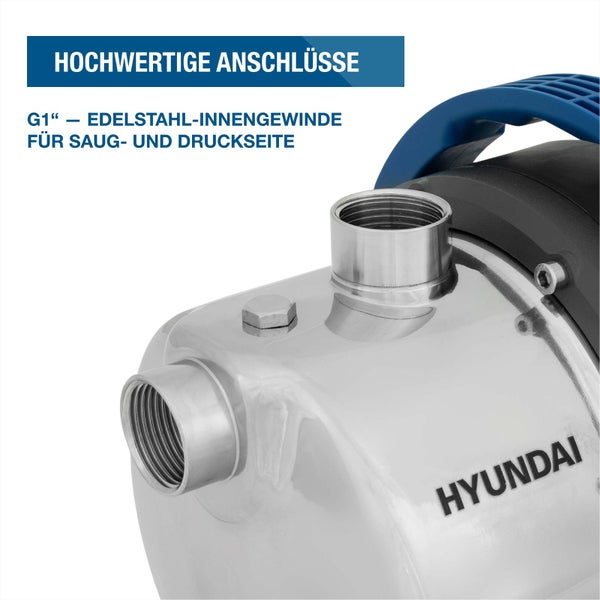 Nahaufnahme einer Hyundai Wasserpumpe mit G1 Zoll Edelstahl-Innengewinde für die Saug- und Druckseite.