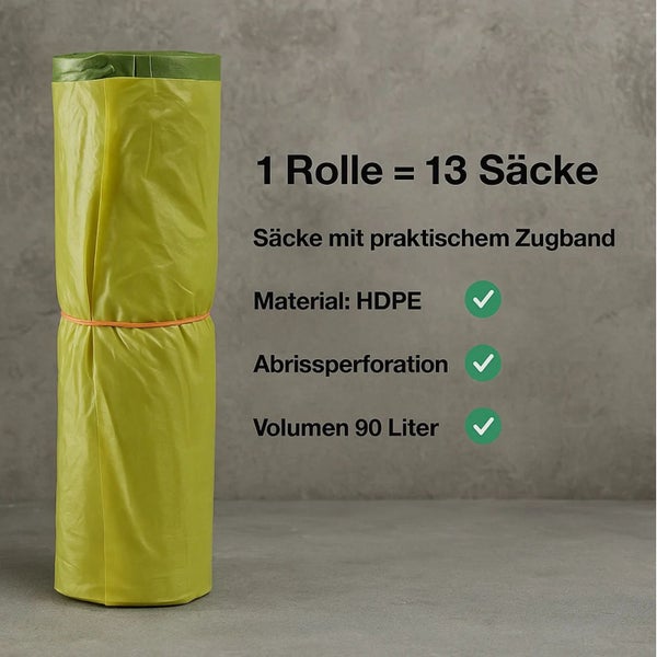 Müllbeutelrolle mit 13 Säcken und Zugband, Material: HDPE, Volumen 90 Liter