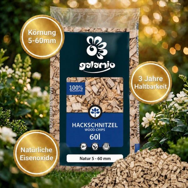 Ein Sack Galamio Hackschnitzel aus Waldkiefer mit 60 Litern Inhalt, Korngröße 5 bis 60 Millimeter und einer Haltbarkeit von 3 Jahren.