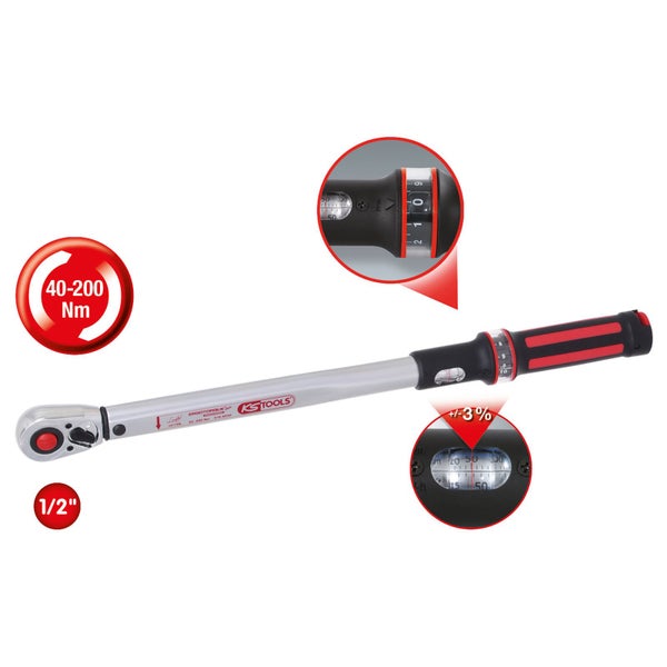 KS TOOLS 1/2 ERGOTORQUEprecision Ratschen-Drehmomentschlüssel 40 - 200 Nm rot - 516.6542