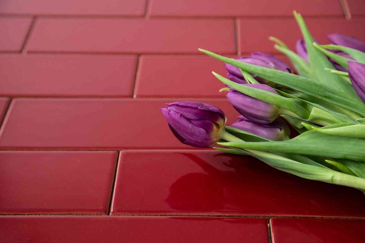 Rechteckige rote Wandfliesen im Metro-Stil mit lila Tulpen.