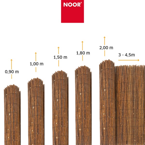 Noor Logo und verschiedene Weidenmatten als Sichtschutz in unterschiedlichen Höhen von 0,90 Meter bis 2,00 Meter.