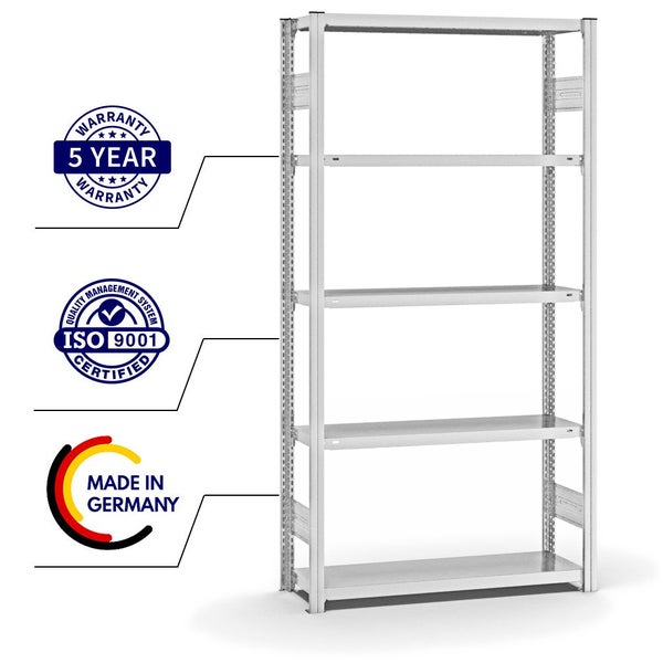 PROREGAL Fachbodenregal Stecksystem T-Profil Light-Duty Grundregal HxBxT 200 x 100 x 30 cm 5 Ebenen Fachlast 150 kg Beidseitig Nutzbar Lichtgrau