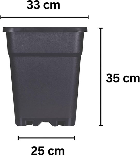 Quadratischer Pflanztopf mit Maßen: oben 33 Zentimeter breit, 35 Zentimeter hoch, unten 25 Zentimeter breit.