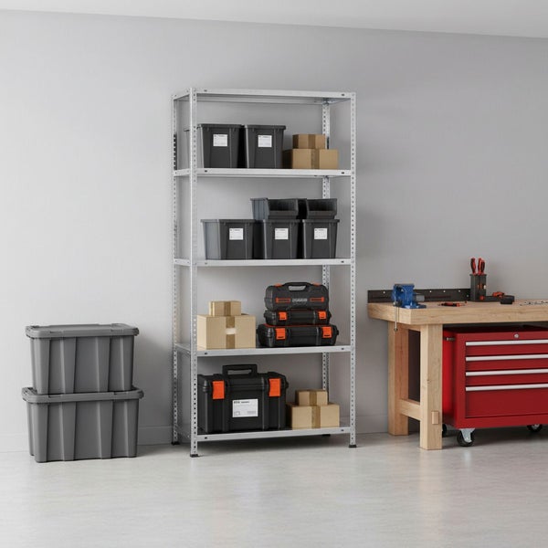 Verzinktes Metallregal in einer hellen, organisierten Werkstatt mit Lagerboxen, einer hölzernen Werkbank und einem Werkstattwagen.