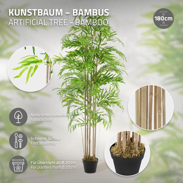 ML-Design Künstlicher Bambus 180 cm, Künstliche Pflanzen groß, Kunstpflanze mit Echtholzstamm, Fake Plastik Pflanze Dekoration im Topf für Indoor und Outdoor, Kunstbaum wie echt für Wohnzimmer Büro