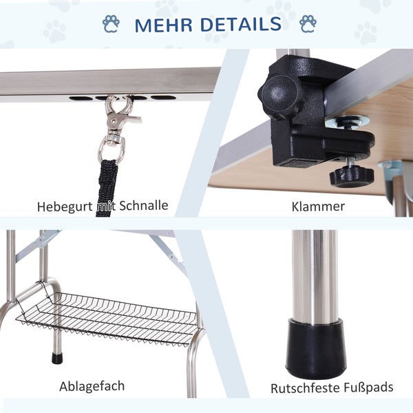 PawHut Trimmtisch Tierpflegetisch Schertisch Pflegetisch mit Unterkorb für Hunde höhenverstellbar klappbar Edelstahl Metall Blau 107 x 60 x 170 cm