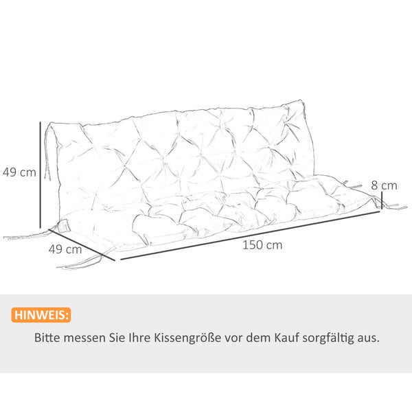 Outsunny 3 Sitzer Bankauflage 150x98x8 cm, Bankkissen mit Bändern, Sitzkissen, Outdoor/Indoor Stuhlkissen, Sitzauflage, Sitzpolster für Gartenmöbel, Fensterbank Sitzbank, Hollywoodschaukel, Khaki