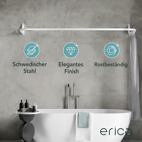 Erica Duschvorhangstange L-form & U-form - 4-in-1 Duschvorhangstange für Badewanne oder Dusche - Duschstange Ecke - Stahl mit Pulverbeschichtung - Ohne Deckenhalterung - Weiß