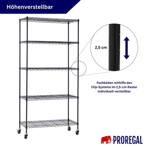 Schwarzes Drahtregal mit fünf Fachböden und Rollen, höhenverstellbar im 2,5 Zentimeter Raster. Proregal Logo.