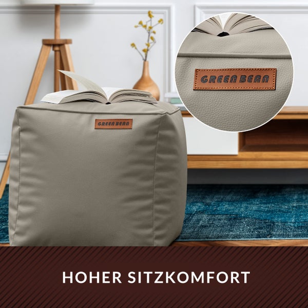 Quadratischer Sitzwürfel mit Leder-Optik und Green Bean Logo
