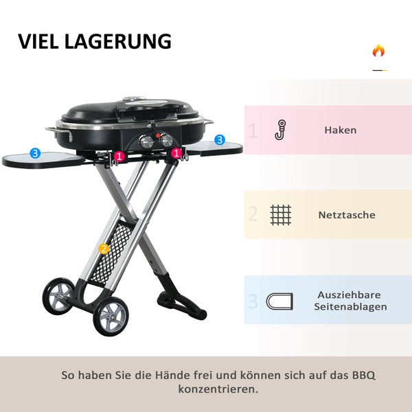 Outsunny Grill mit Haken, Netztasche und ausziehbaren Seitenablagen für viel Lagerung