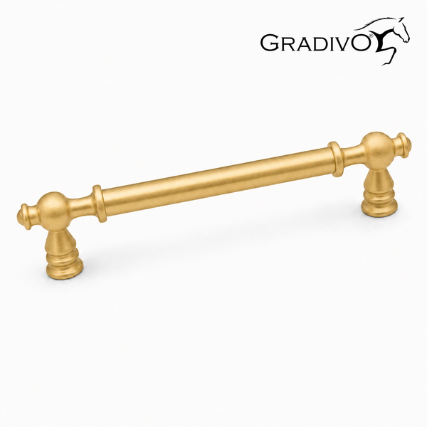 Klassischer Möbelgriff aus Metall in Goldoptik mit Gradivo Logo.