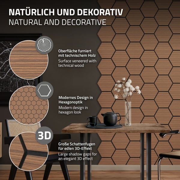 ML-Design 2er Set Akustikpaneele 66x81x2cm für 1m² – Teak, MDF Akustikplatten in Hexagon-Holzoptik, Wandpaneele zur Schalldämmung, Wandverkleidung für Büro, Studio, Schallschutz & Akustikbehandlung