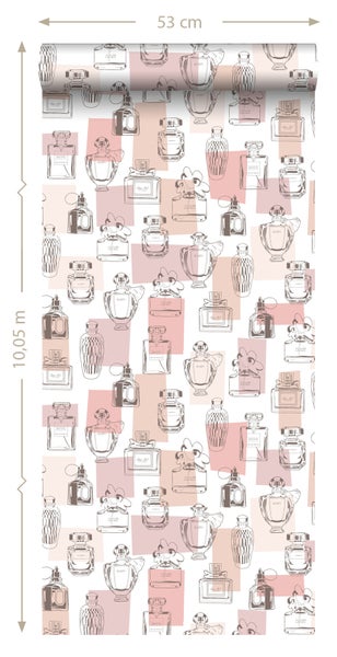 Tapetenrolle mit Parfümflaschenmuster, 53 cm breit und 10,05 m lang