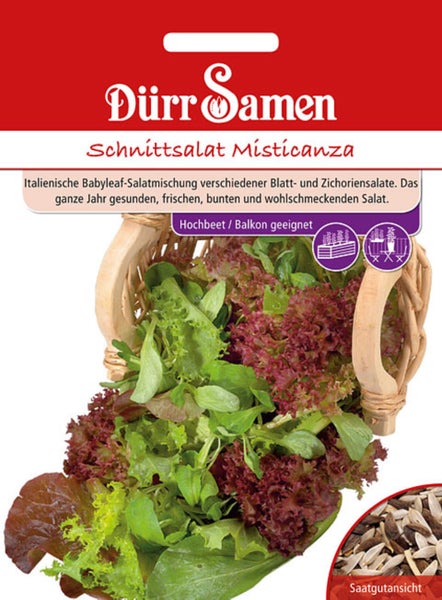 Dürr Samen Logo, Schnittsalat Misticanza, italienische Babyleaf-Salatmischung für Hochbeet und Balkon geeignet, Saatgutansicht.