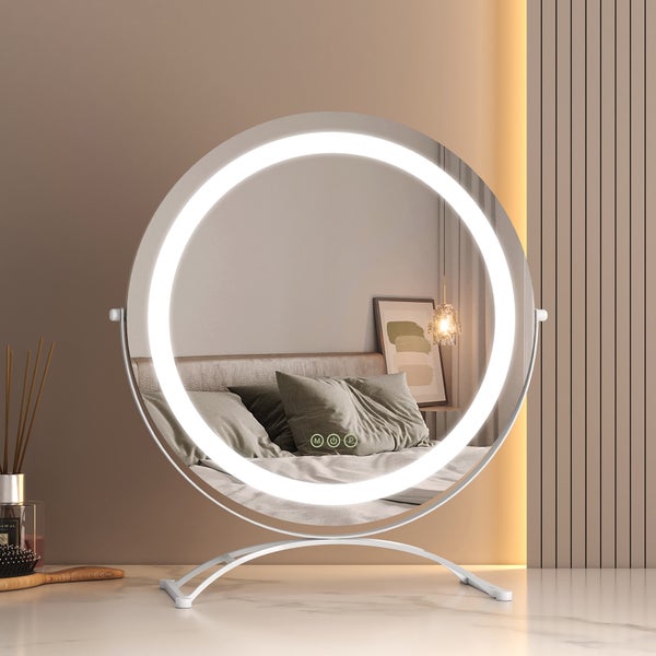 EMKE Kosmetikspiegel mit Beleuchtung ф40cm, Tisch-Standspiegel, 3 dimmbare Lichtfarben, Touchsteuerung, 360° drehbar, 4mm HD-Spiegelfläche mit matter Kante, für Schlafzimmer, Weiß