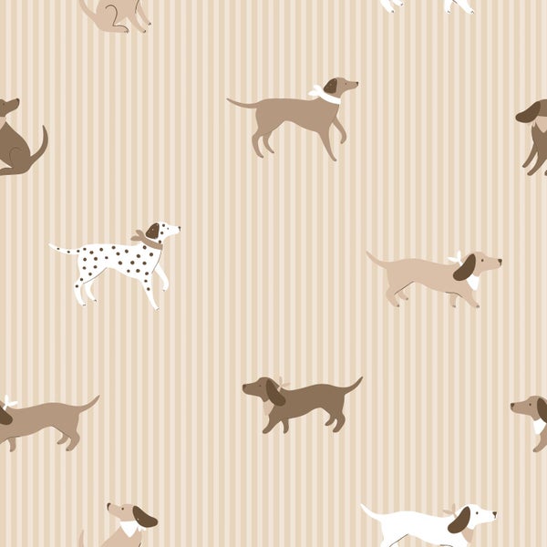 Vliestapete mit Hunderassen wie Dackeln und Dalmatinern auf gestreiftem Muster.