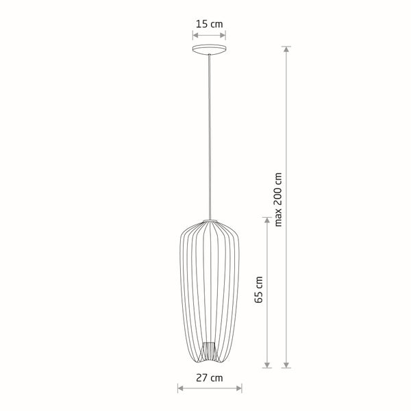 Maßzeichnung Pendelleuchte: Schirmbreite 27 Zentimeter, Schirmhöhe 65 Zentimeter, Baldachin 15 Zentimeter, Gesamthöhe maximal 200 Zentimeter.