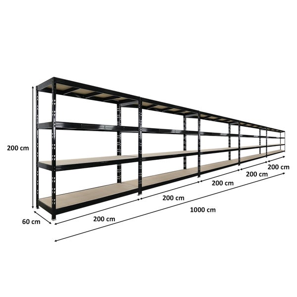 Langes Metallregalsystem mit mehreren Regalebenen und den Maßen 200 cm Höhe, 60 cm Tiefe und 1000 cm Länge