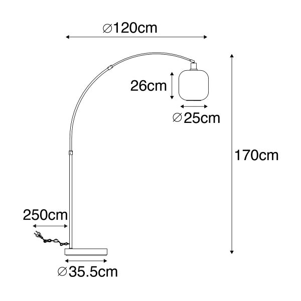 Maße der Stehlampe: Höhe 170 cm, Ausladung 120 cm, Lampenschirmhöhe 26 cm, Lampenschirmdurchmesser 25 cm, Durchmesser des Sockels 35,5 cm, Kabellänge 250 cm