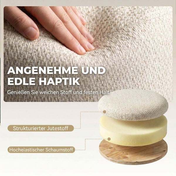 Produktaufbau eines Hockers bestehend aus strukturiertem Jutestoff, hochelastischem Schaumstoff und einer runden Holzplatte als Basis.