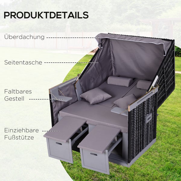 Outsunny Strandkorb Volllieger Doppelte Sonnenliege mit Dach Gartenliege Getränkehalter Chaiselounge PE Rattan Grau 118 x 79 x 50 cm