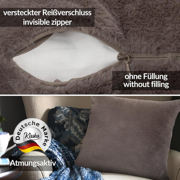 Brauner Kissenbezug aus Kunstfell, versteckter Reißverschluss, atmungsaktiv, ohne Füllung, Kisska Logo.
