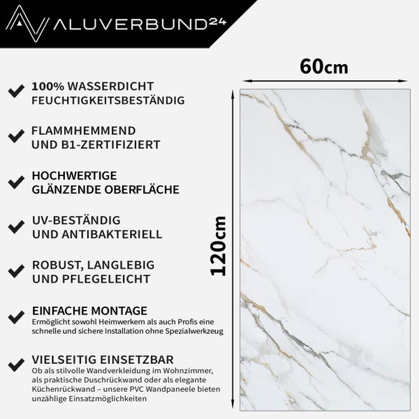 Aluverbund24 PVC Wandpaneel, 60 mal 120 cm, mit Marmor Optik