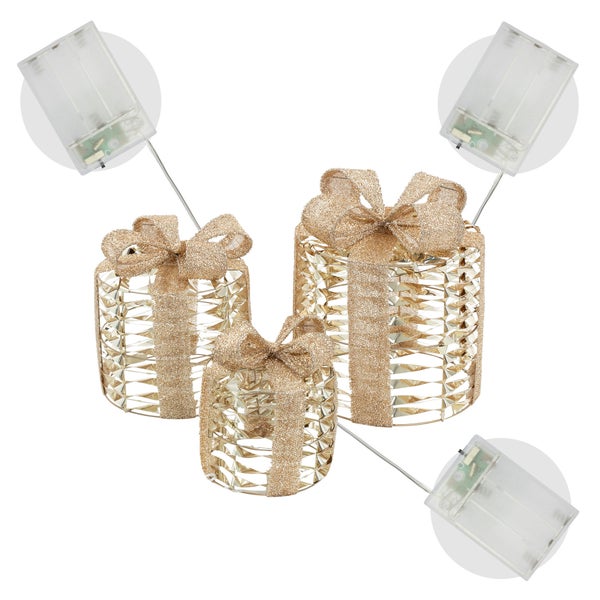 Dekorative Geschenkpakete mit Beleuchtung und Schleife, batteriebetrieben