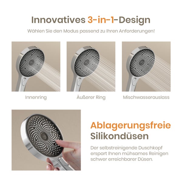 EMKE Duschsystem mit Thermostat, Chrom, 36×24 cm Regendusche & Handbrause mit 3 Strahlarten, höhenverstellbare 1100 mm Brausestange, 355 mm Auslauf, 1,5 m Schlauch, Duscharmatur