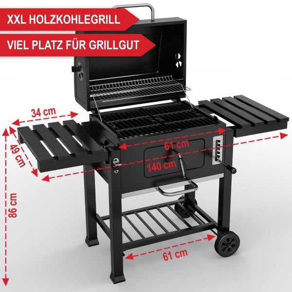 XXL Holzkohlegrill in Schwarz mit Seitenablagen und Rollen. Maße: Breite 140 Zentimeter, Höhe 86 Zentimeter, Grillfläche 61 Zentimeter.