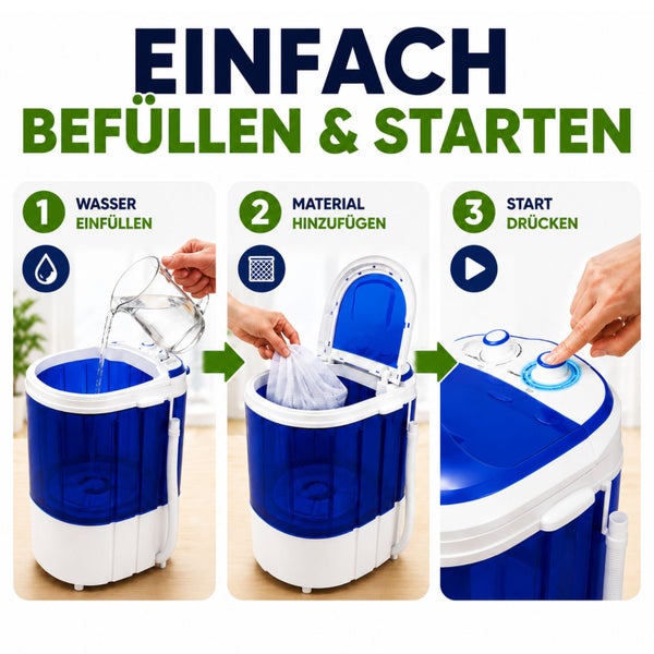 Dreistufige Anleitung für eine Mini-Waschmaschine: Erstens Wasser einfüllen, zweitens Wäsche hinzufügen und drittens Start drücken.